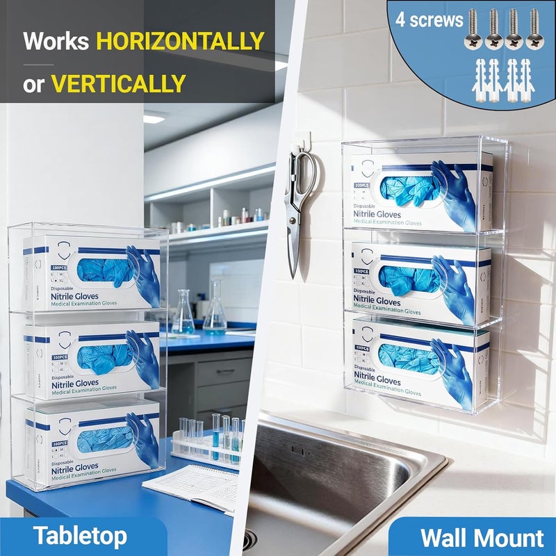 Aphbrada Triple Glove Box Holder Wall Mount, 3 Compartments Clear Acrylic Rubber Nitrile Gloves Dispenser for Lab, Hospital, Kitchen - Side-Loading - Mounting Hardware Included -10 x 3.5 x 16.4 IN - Image 4